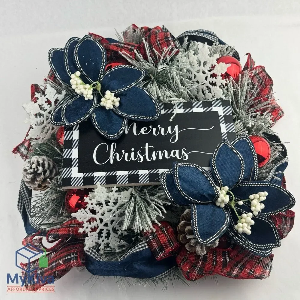 Christmas Wreath Front Door Decor 18 Inch Artificial Flowers Plaid Ribbon Sign